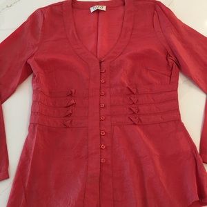 Tuzzi blouse. V-neck with elegant detail. Size 8 Deep Coral.
